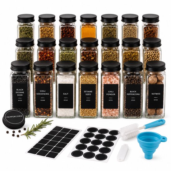 Een set van 24 rechthoekige glazen kruidenpotjes met zwarte deksels, gevuld met diverse specerijen. Ernaast labels, een trechter en een borstel.