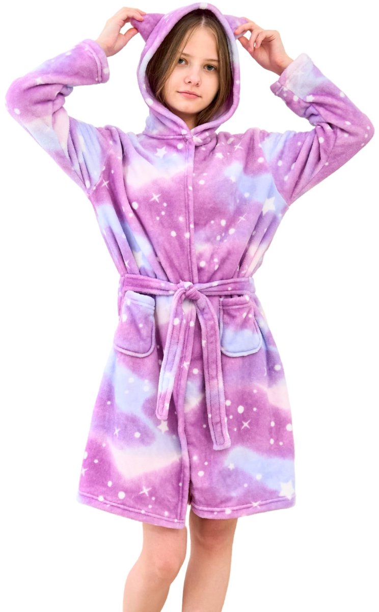 SnelShoppen - Eenhoorn Badjas voor Meisjes - Zachte Fleece Badjassen met Capuchon - Paarse Sterren - Maat 12-13 Jaar - Perfect voor Thuis, Feestjes en