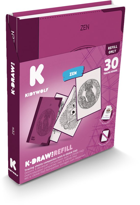 Paarse verpakking Kidywolf K-DRAW! REFILL met 30 'ZEN' tekenillustraties.