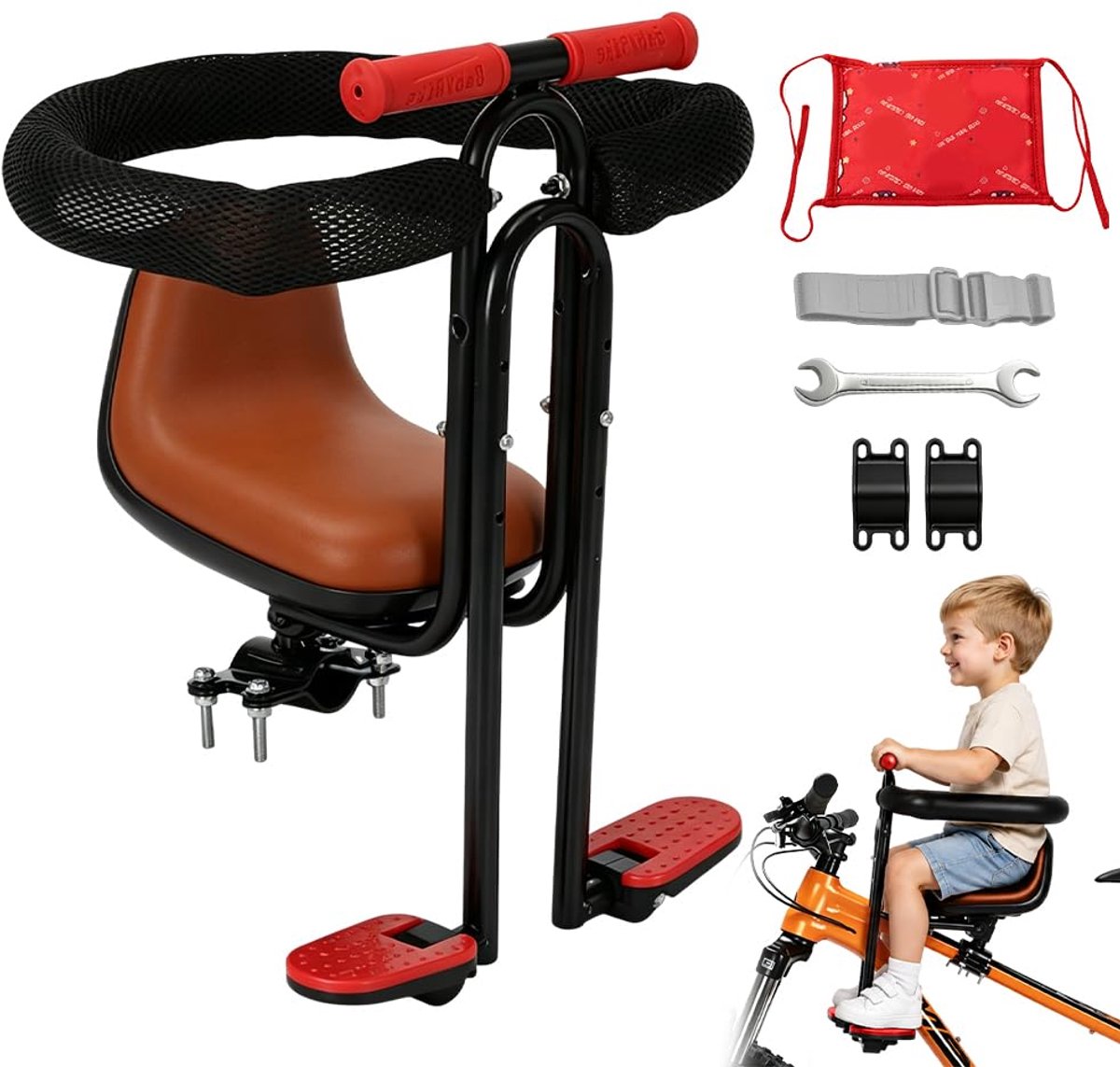 SnelShoppen - Fietszitje voor Kinderen - Comfortabel Kinderzitje met Veiligheidsrooster voor Fiets, Mountainbike, Opvouwbaar, Bruin, Geschikt voor Kin