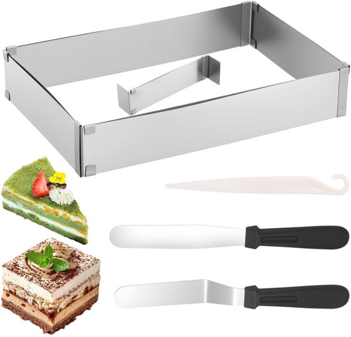 Bakframe Verstelbaar - Taartring 27 x 18 cm - Uitbreidbaar tot 52 x 33 cm - Roestvrij Staal - Inclusief Spatels - Hoogwaardige Materialen