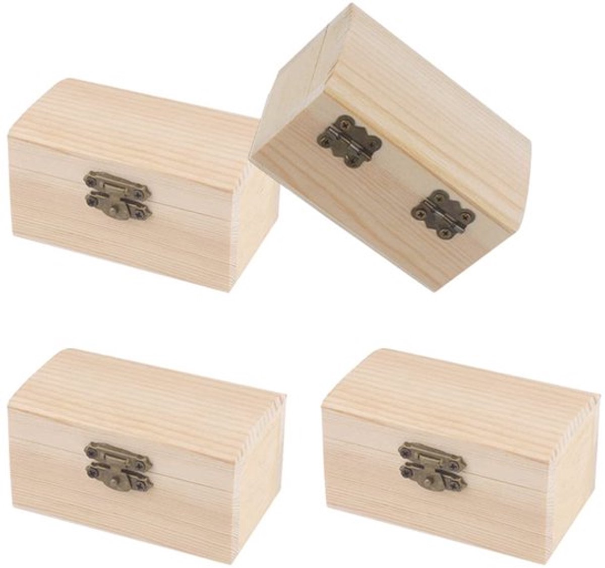Houten Kist - 4 Stuks - Multifunctionele Opbergdoos - Gebogen Metalen Klapdeksel - Geschikt Voor Knutselen - 9 x 5,5 x 4,5 cm