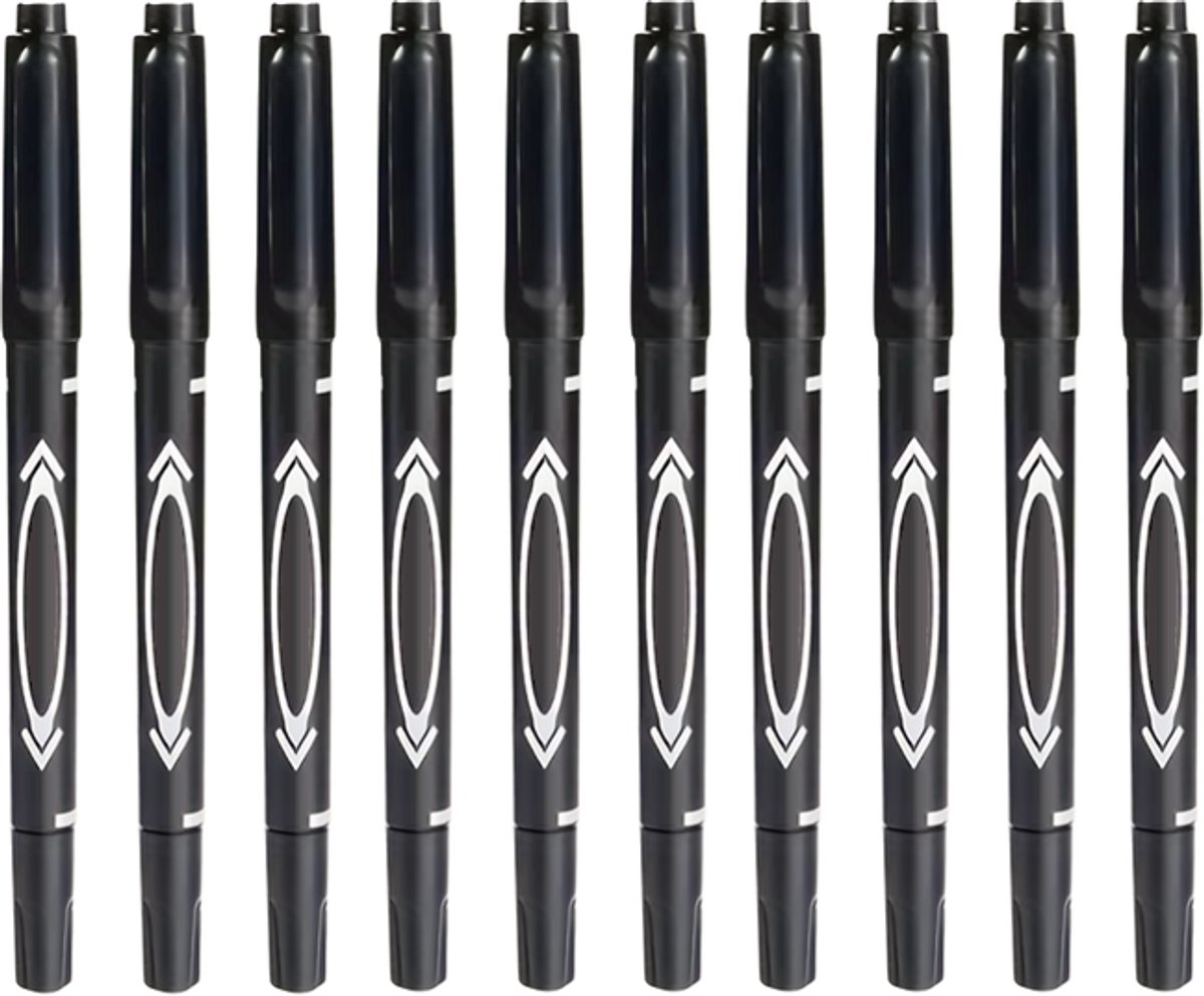 10x Dubbelzijdige Permanente Marker Zwart – Zwarte Stift – Fijne & Brede Punt – Watervaste Permanent Marker – Voor Papier, Karton, Kunststof, Glas, Metaal en Hout