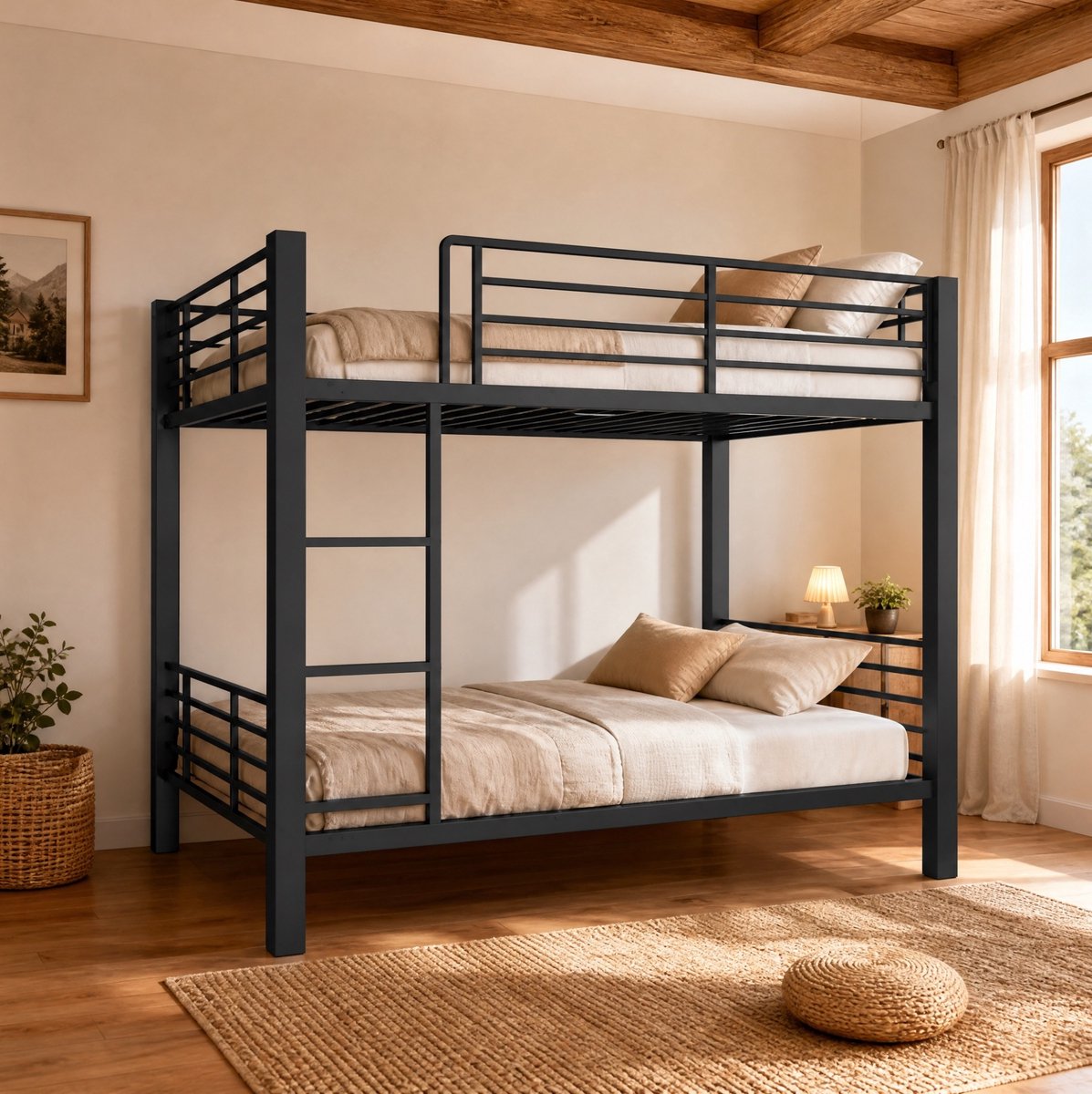 OKWISH Stapelbed 140x200 cm - Stil En Zeer Stevig Tot 400 kg - Met Ladder En Veiligheidshekje - Voor Volwassenen - Metaal - Zwart - Zonder Matras