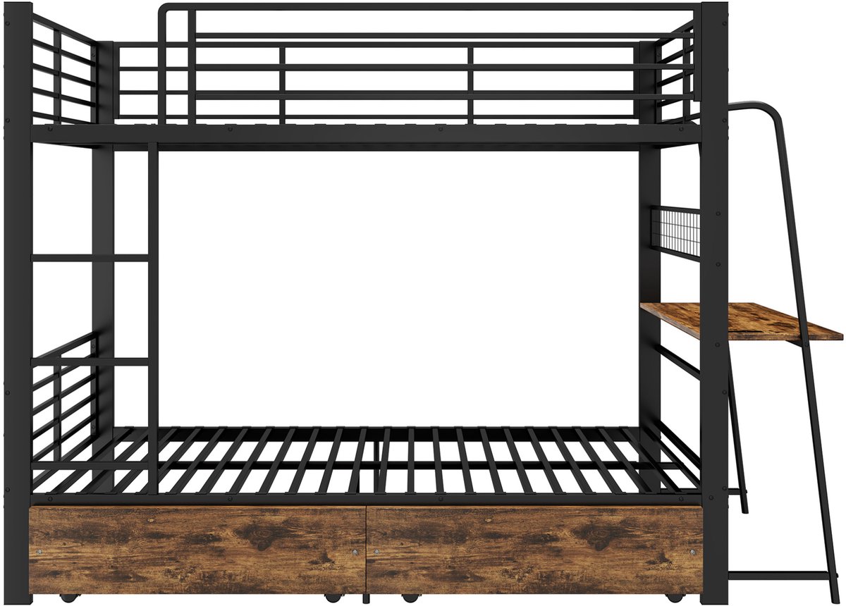 OKWISH Hoogslaper 90x200 cm - Met Bureau En Ledverlichting - Met Opberglades - Voor Volwassenen - Metaal En MDF - Zwart - Zonder Matras