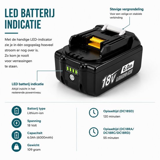 Zwarte 18V 6.0Ah Lithium-ion accu met LED indicator en stevige vergrendeling.