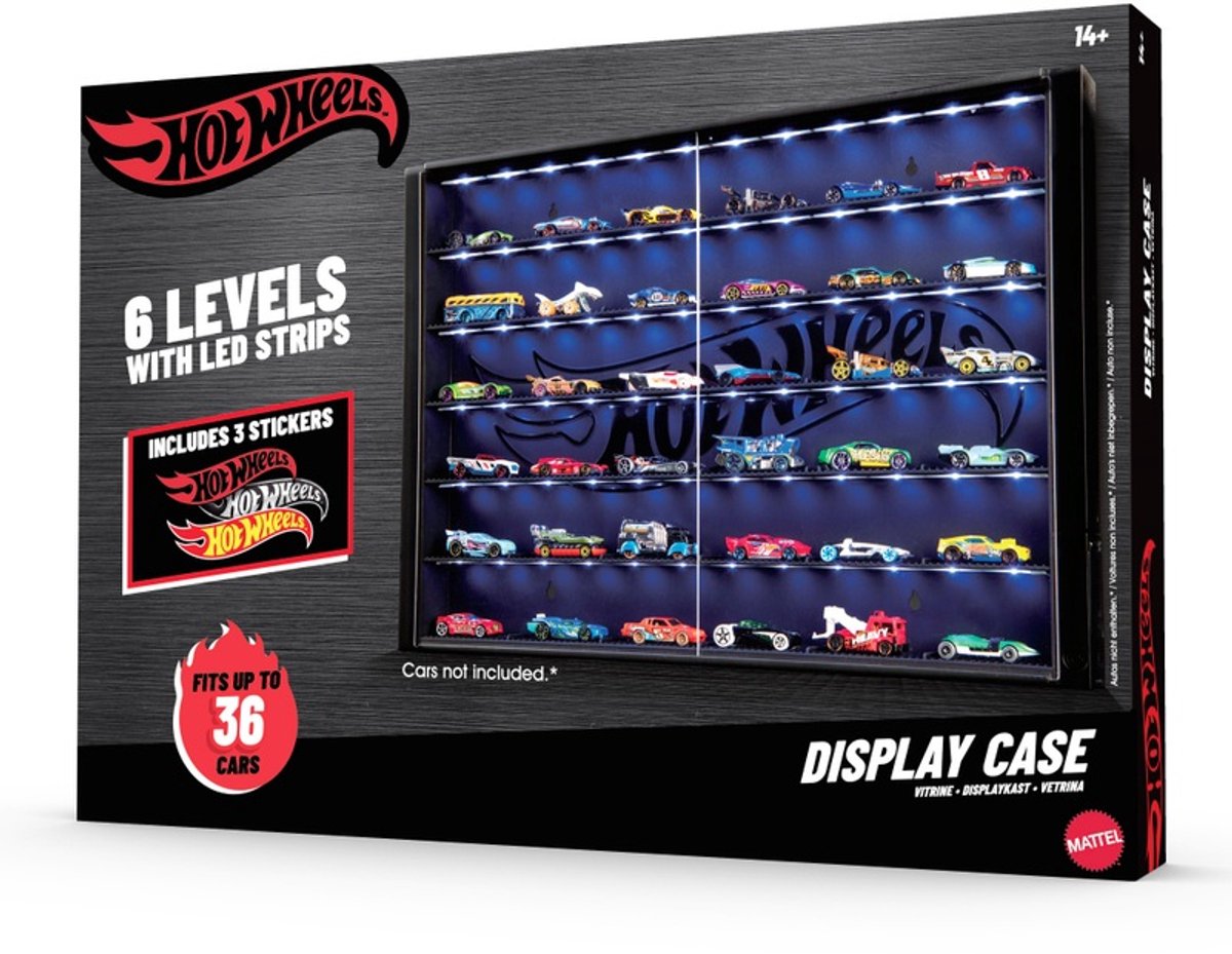 Hot Wheels - Vitrinekast met LED Verlichting - 6 Laags - Lengte 63 cm x Breedte 7 cm x Hoogte 43 cm - Maximaal 36 Auto's (niet inbegrepen) - Vitrinekastje - Display Kast - Display Case - Hotweels - Hotwheels Premium - Auto - Autootjes