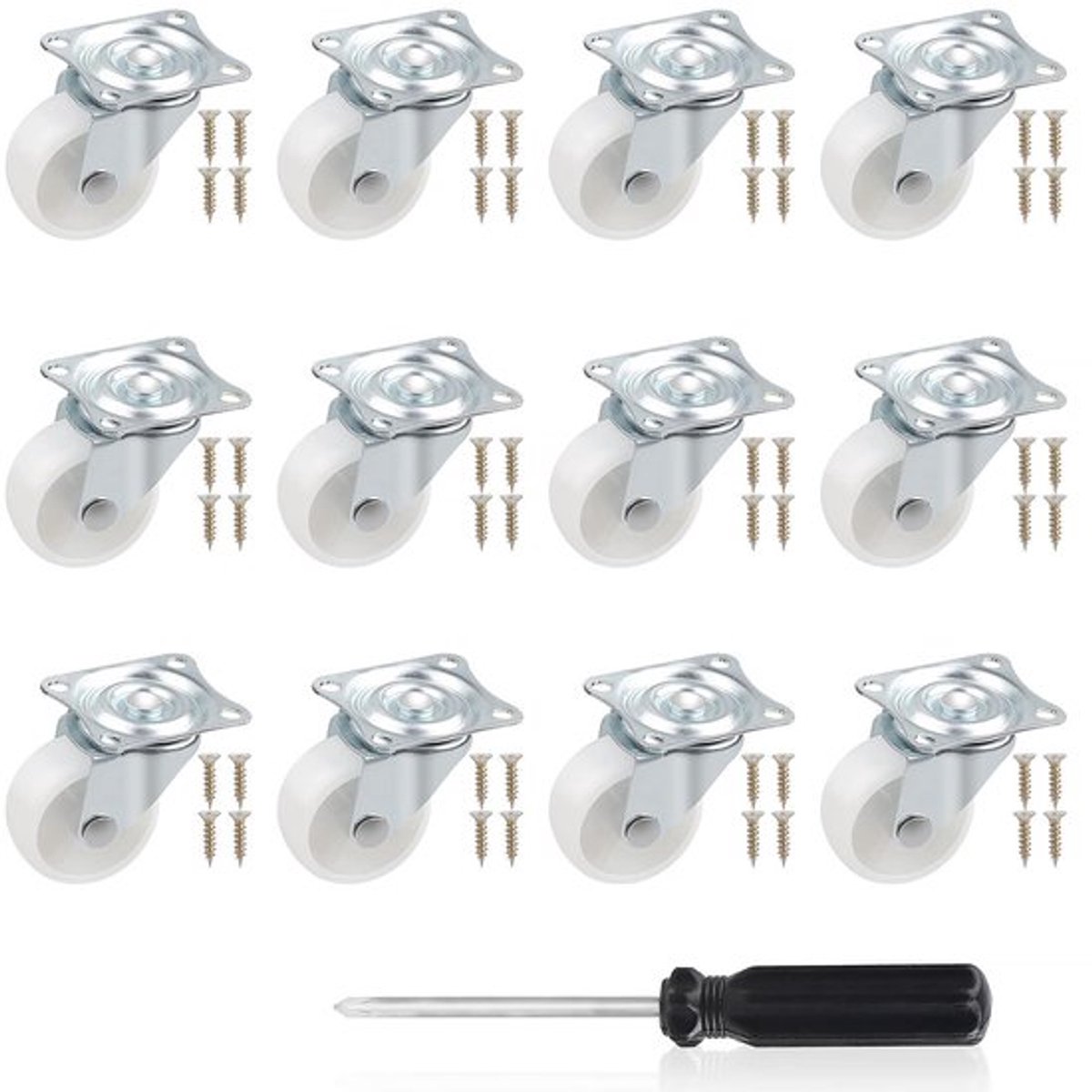 Meubelwielen 360° Draaibaar - Set van 12 - Hoogte 50 mm - Diameter 38 mm - Belastbaarheid 20 kg per wiel - Schokabsorberend Materiaal - Transportwielen