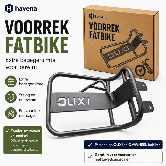 Zwart voorrek voor fatbike van Havena, merk 'OUXI', met extra bagageruimte. Passend op OUXI en QMWHEEL.