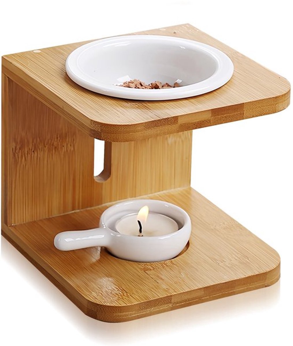 Geurlamp voor etherische oliën en geurwas: keramisch ​ ​ ​ Bamboe​ geurbrander, geurolie lamp diffuser, aromalamp voor aromatherapie​ voor ontspanning thuis, op kantoor, spa (12 x 12 x 11,5 cm)