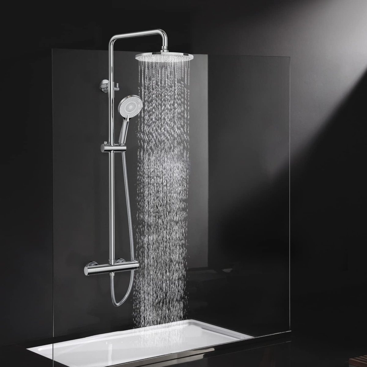 SnelShoppen - Douchesysteem met Thermostaat, Chroom, Complete Set met 25 cm Ronde Regendouche, 3 Straalsoorten, Hoogte Verstelbaar van 92-126 cm, Rege