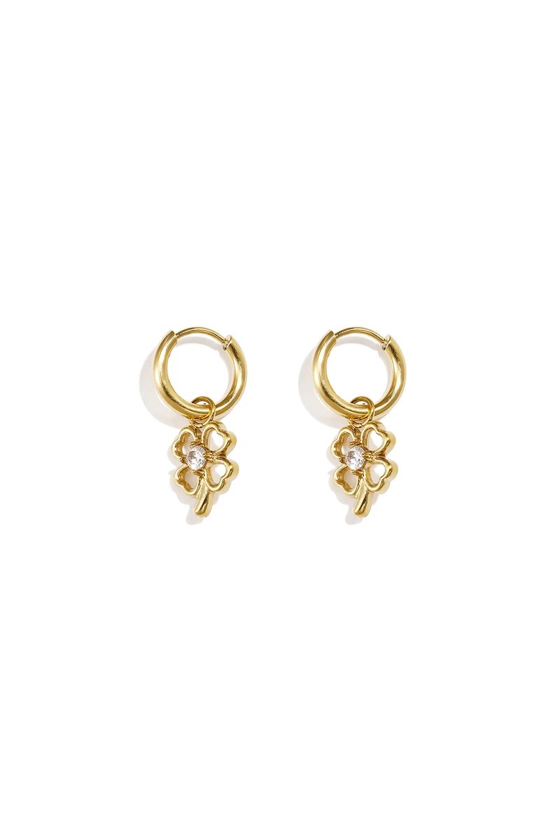 Roestvrijstalen Hangende Oorbellen Met Klavertje Vier, - goud - stainless steel - oorbellen - earring - jewelry - sieraad - geluk - goldplated