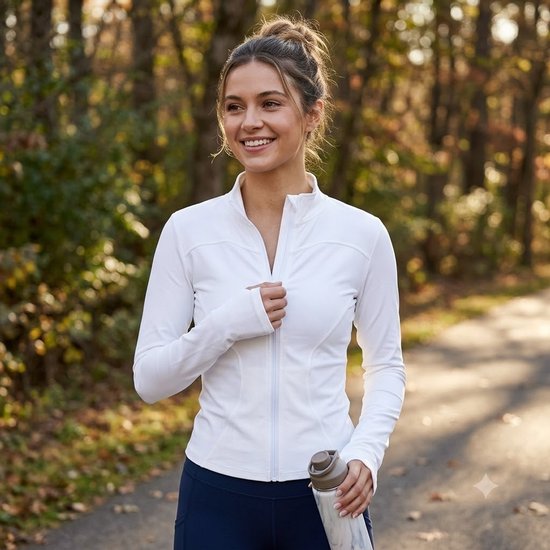 Witte sport jas dames slim fit volledige rits fitness jas yoga jas pilates trui hardloop jas met duim gaten hoge kraag aansluitend model lange mouwen euro maat M — afbeelding 2
