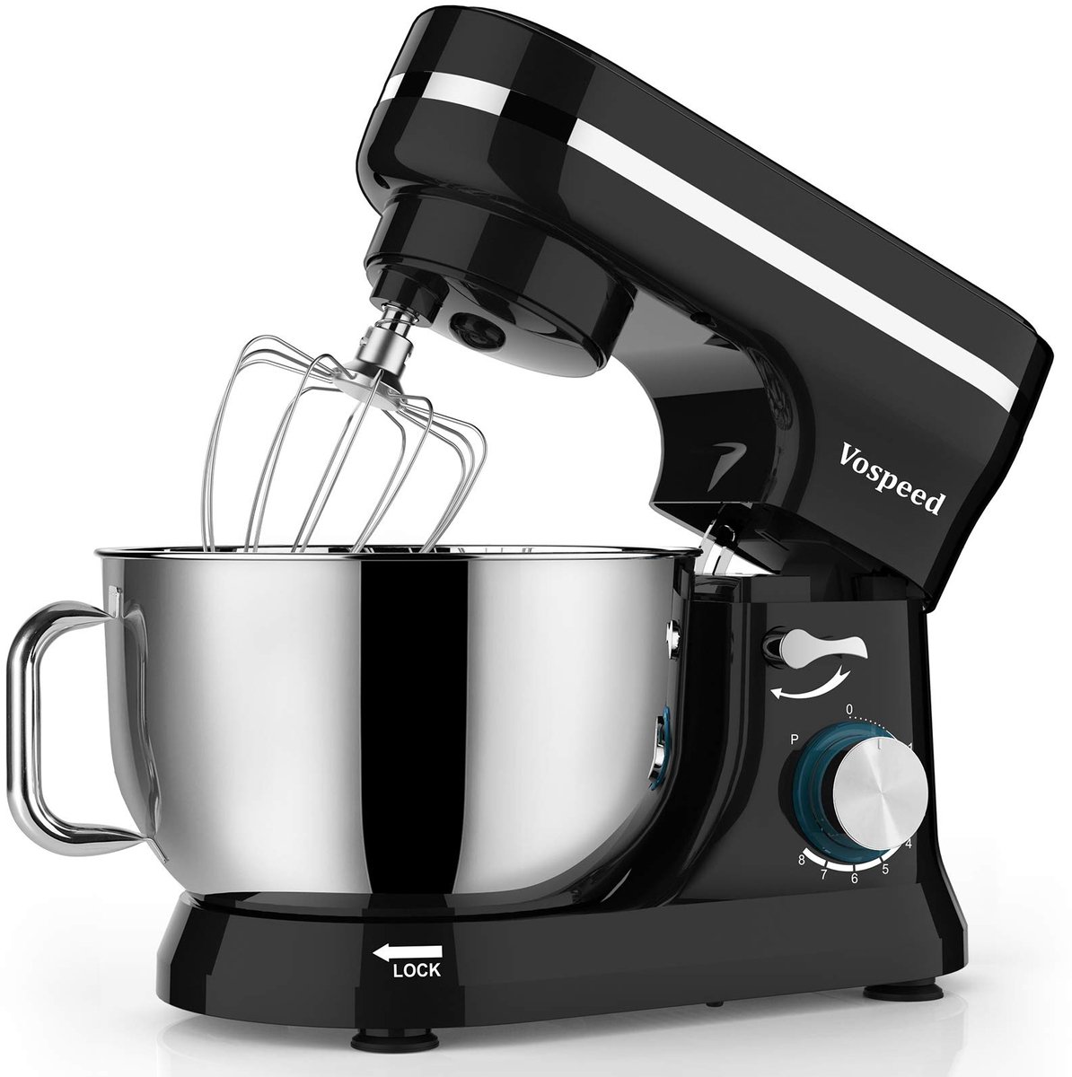 SnelShoppen - Kneedmachine 1000W, 5QT Keukenmachine met Garde en Deeghaak, Roestvrij Stalen Kom, Spatdeksel voor Bakken en Koken, Zwart