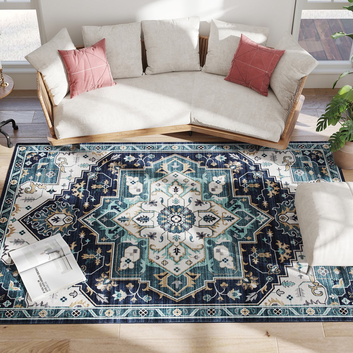 TEKROA - Vloerkleed Laagpolig - Carpet - Tapijt - Antislip & Wasbaar Tapijt voor Woonkamer en Slaapkamer - Faux Kasjmier - 230x160 cm - Blauw