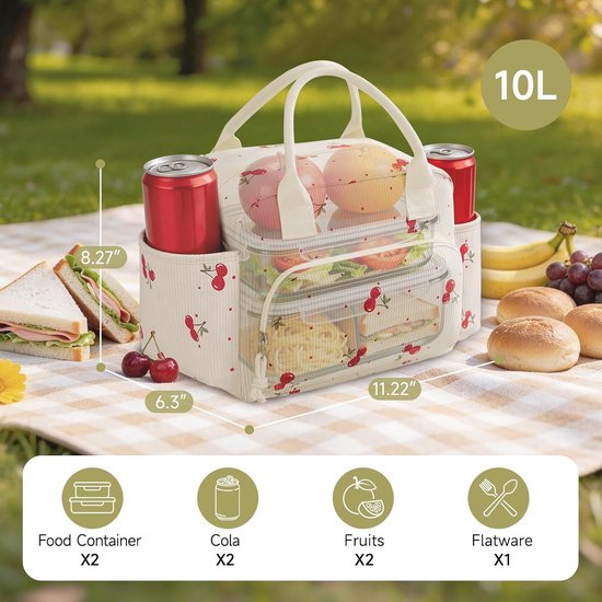 VHV-Lunchtas voor Dames - Stijlvolle Corduroy Koeltas met Bekerhouder en Schouderband - Herbruikbare Isolatietas voor Werk, School en Picknick - Kersrood van Vhv — afbeelding 2