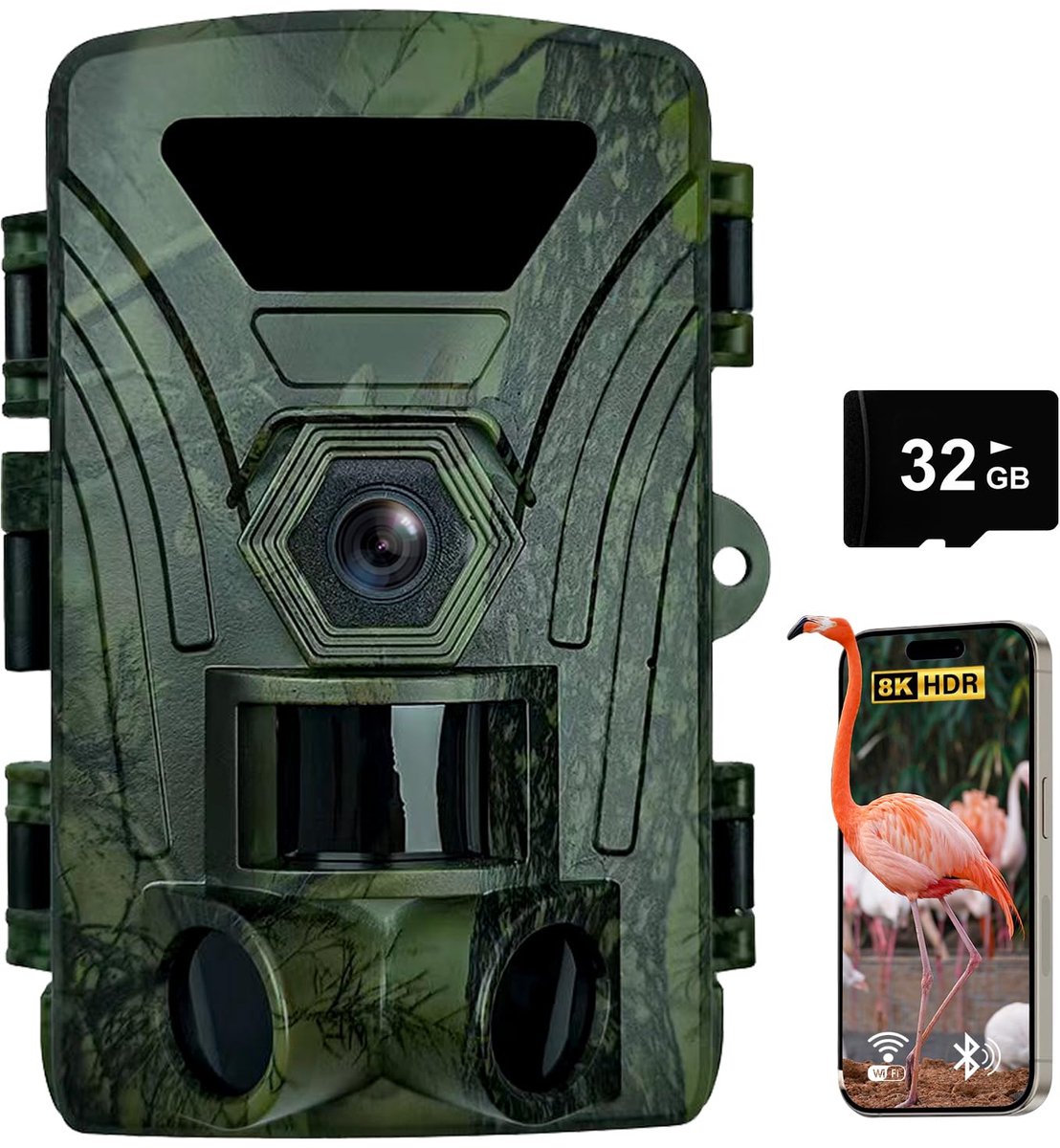 SnelShoppen - Wildlife Camera 8K met WiFi, 32G Geheugenkaart, 60 MP, Bewegingssensor, Nachtzicht, 120° Buiten Camera voor Dierenobservatie