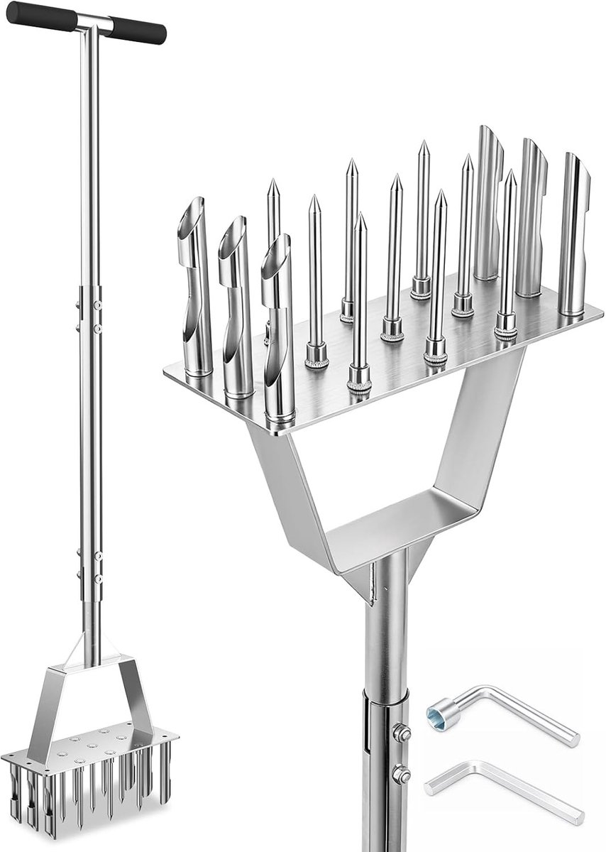 2-in-1 Grondbeluchter en Kernbeluchter Tuingereedschap, RVS Handmatige Spike Beluchter met 9 Spikes en 6 Cores voor Gezonde Grond en Optimale Grasgroei