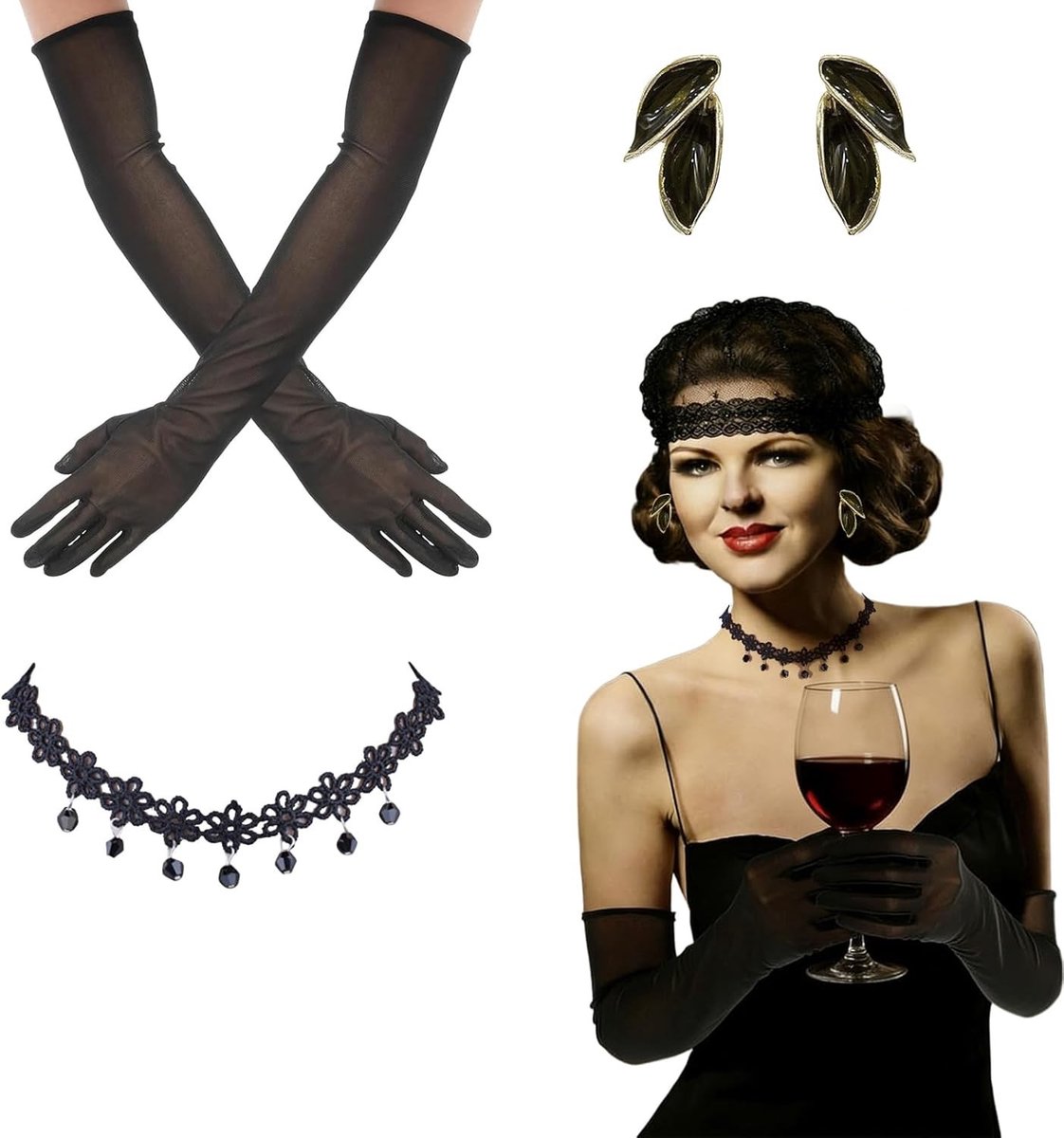 Complete dansoutfit met lange zwarte tule handschoenen, oorbellen en ketting voor theater en optredens