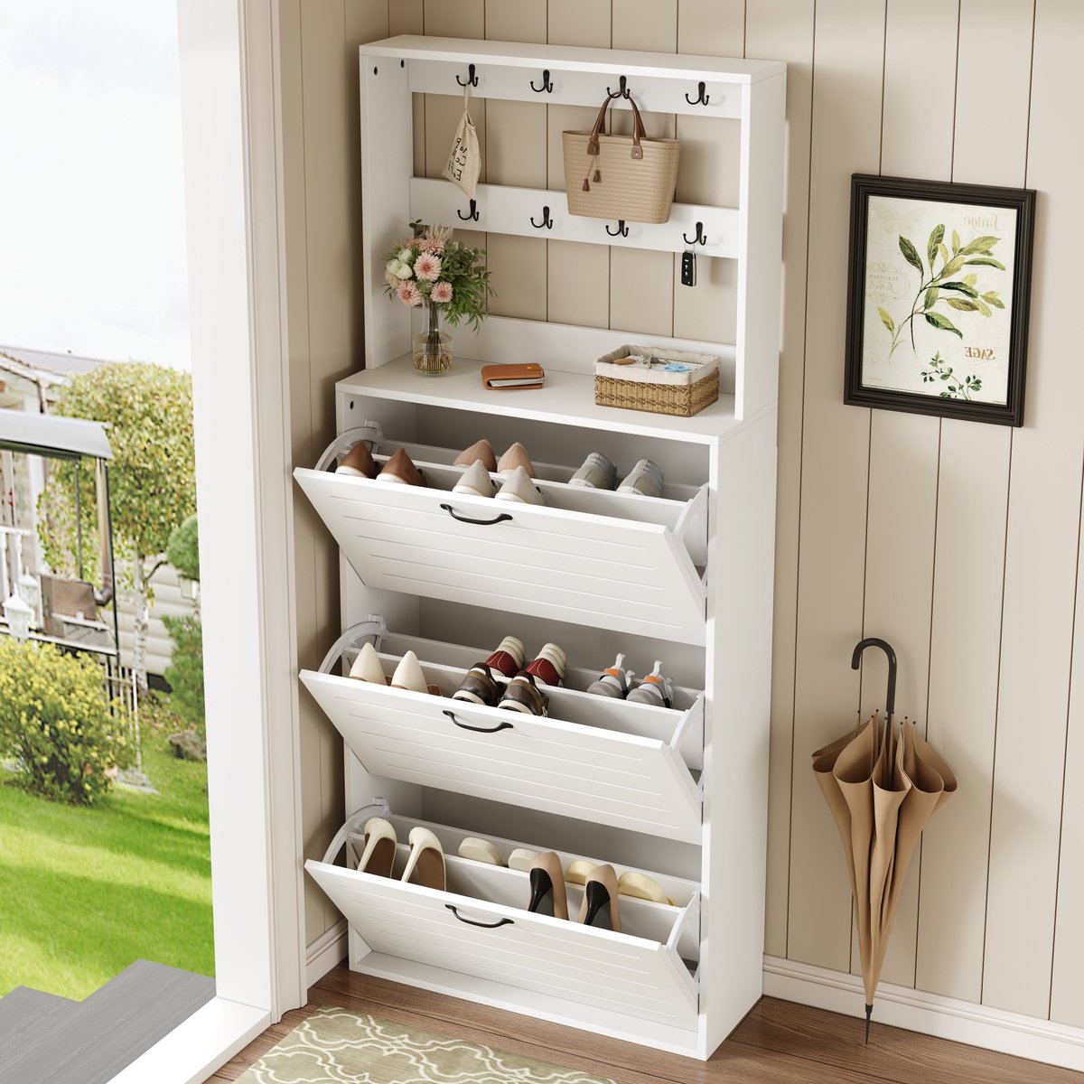 Schoenenkast - 3-deurs met 8 haken, opbergruimte voor schoenen, tassen & hoeden - 70x163x25 cm - Wit