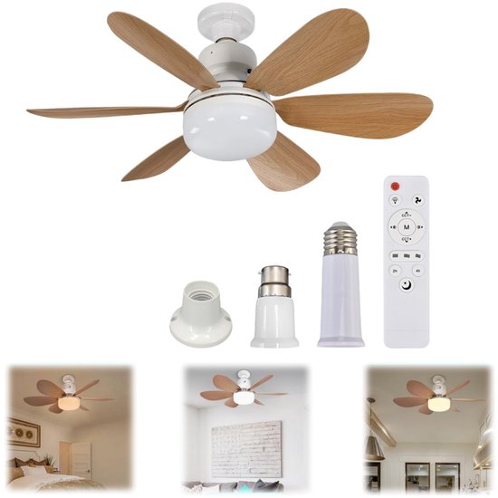 Witte ventilator met 5 houten bladen, inclusief afstandsbediening en adapter, en illustraties van de ventilator in ruimtes.