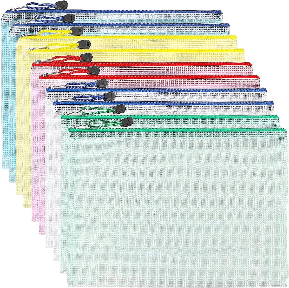Documententas A4 met rits van pvc - Transparante waterdichte opbergtassen 34x24 cm - 10 stuks in meerdere kleuren - Voor kantoor school en reisdocumenten