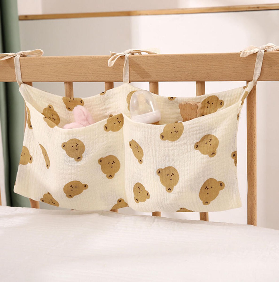 Baby Boxzak Organiser - Boxopbergzak - 20x39 cm - Box organizer - Katoen - Luiertas - Commode - Kinderwagen Organizer - Opbergzak, Speelgoedzak - Boxopbergtas - Buggy tas Organizer - Boxopberger - voor Box, Ledikant & Peuterbed - Beige Beer