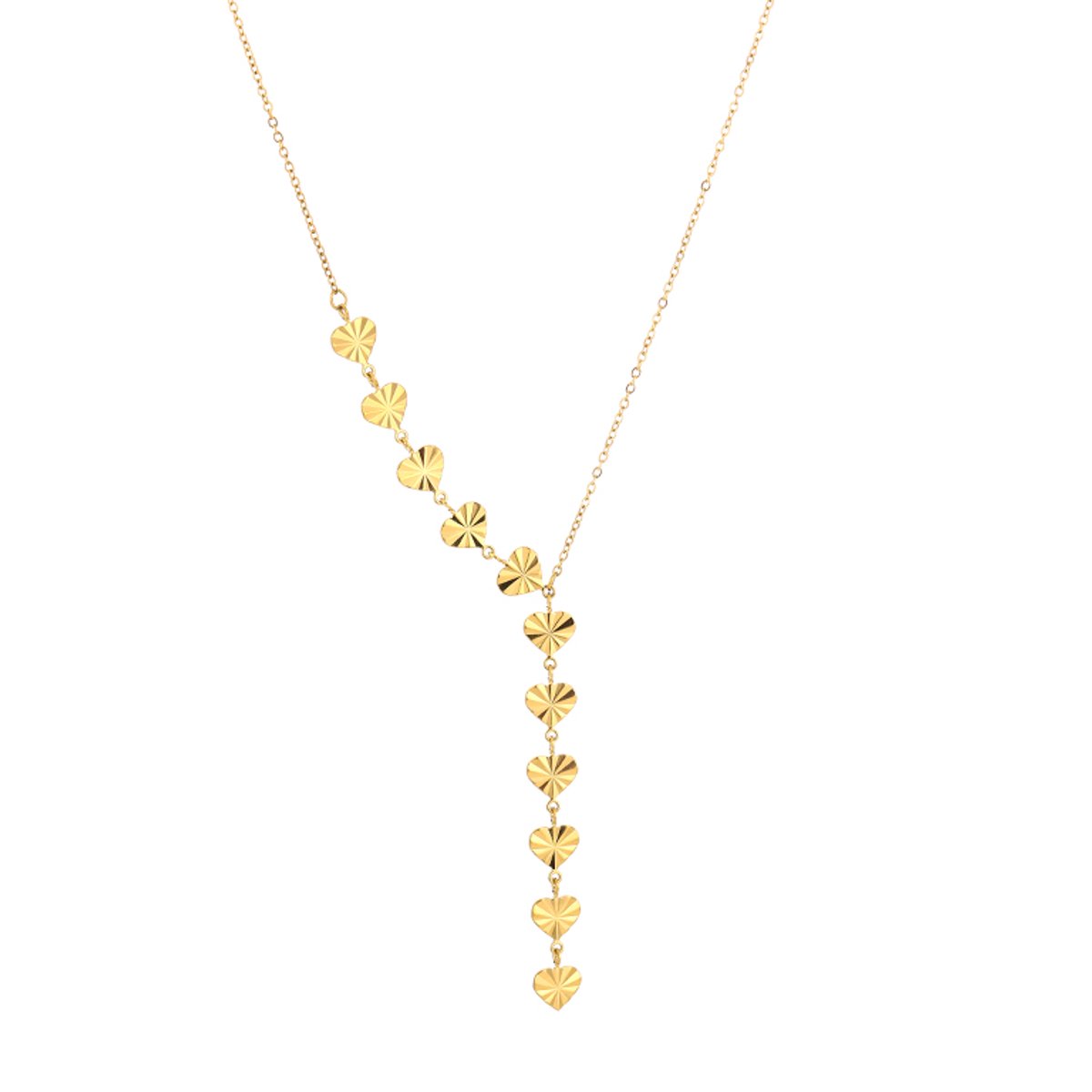 Luxe Y-Ketting Stainless Steel - Elegante Schakelketting met Gestructureerde Hartjes - Chique Dames Sieraad - Goud