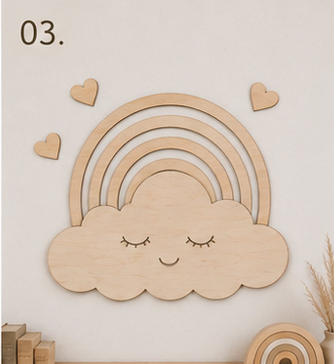 Model 03 – Houten Lachende Wolk met Regenboog | Nursery Wanddecoratie Productbeschrijving/ babykamer/ kinderkamer/ wanddecoratie