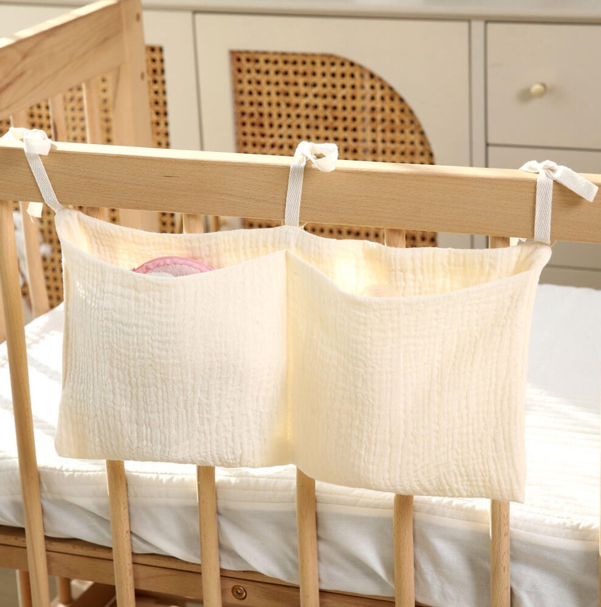 Baby Boxzak Organiser - Boxopbergzak - 20x39 cm - Box organizer - Katoen - Luiertas - Commode - Kinderwagen Organizer - Opbergzak, Speelgoedzak - Boxopbergtas - Buggy tas Organizer - Boxopberger - voor Box, Ledikant & Peuterbed - Beige
