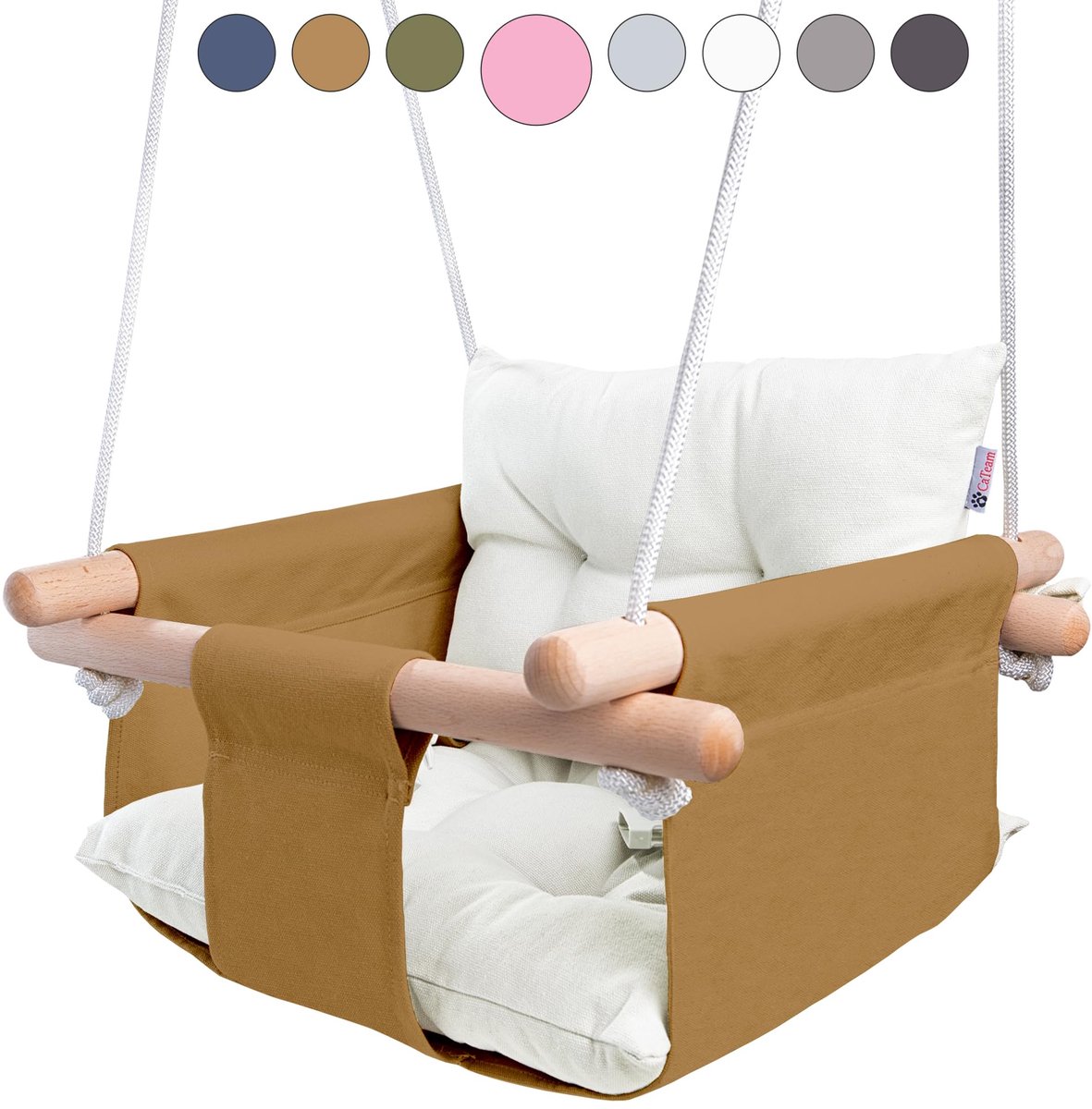 SnelShoppen - Canvas Babyschommel, Houten Hangende Schommelstoel met Veiligheidsgordel, Duurzame Babyhangstoel voor Binnen en Buiten, Oker, Perfect vo