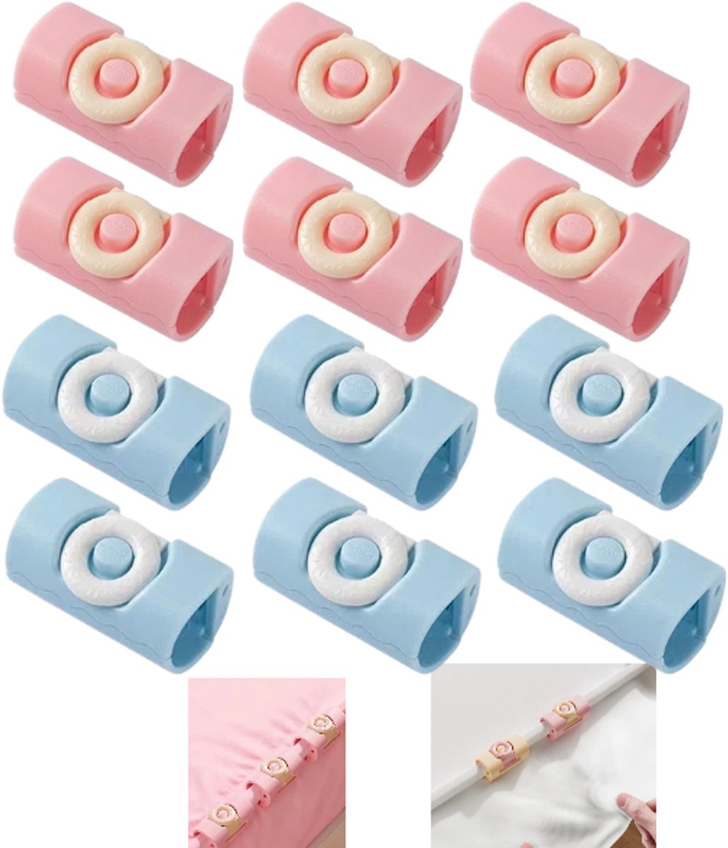 12 stuks- Cilindervormige lakenhouder - Bedhoekclip - Lakensclip - Dekbed-/lakenclip - Sluitclip voor voedselzakken - Roze, blauw - 25*44 mm - Geschikt voor de meeste matrassen - Gebruikt om dekbedden vast te zetten en te voorkomen dat ze verschuiven