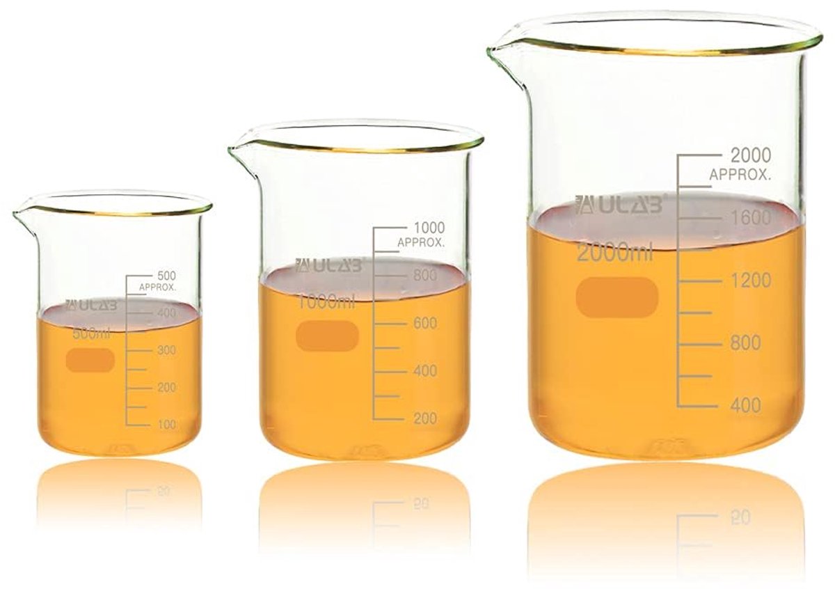 SnelShoppen - Set van 3 Wetenschappelijke Glazen Bekers - Borosilicaatglas - 500ml, 1000ml, 2000ml - Met Geprinte Graduatie - Perfect voor Keuken, Lab