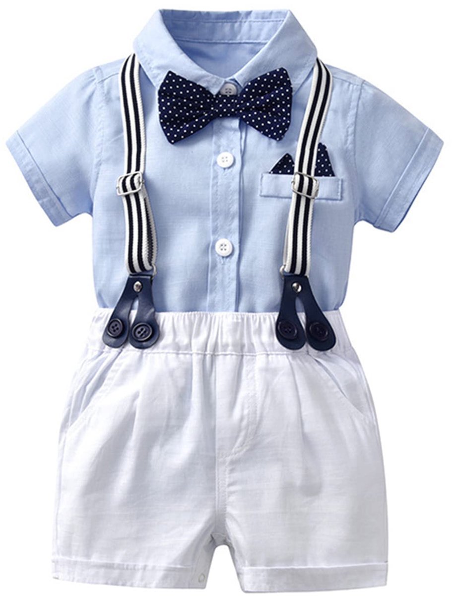 SnelShoppen - Volunboy Baby Jongens Pak Set Kleding met Hemd en Vlinderdas + Bretels Shorts Romper Pak Lichtblauw 3-6 Maanden voor Feestjes en Special
