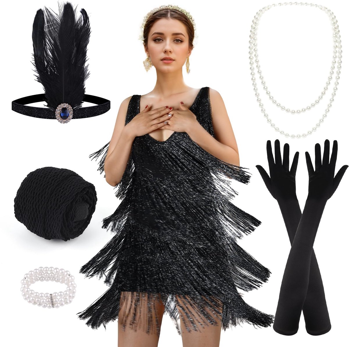 SnelShoppen - Jaren 20-jurk dames, Gatsby flapperjurk zwart met accessoires, S, perfect voor feestje, themafeest of verkleedpartij