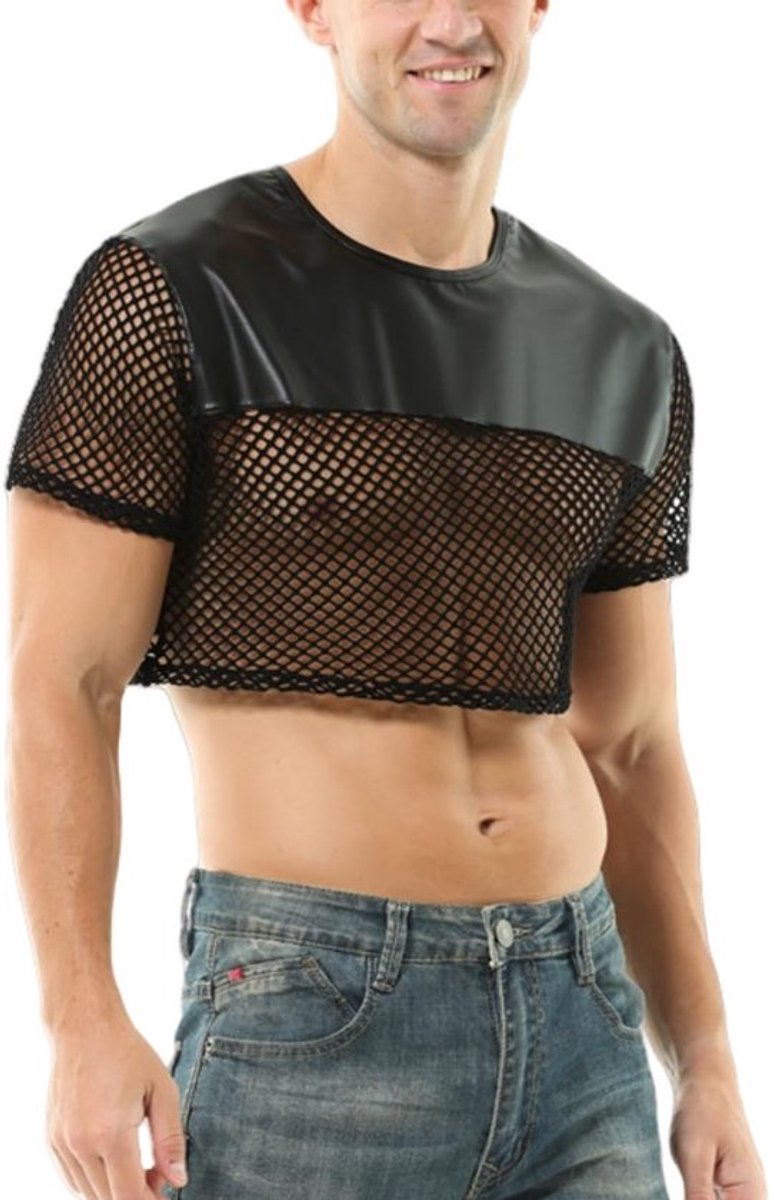 Crop Top Glanzend - Korte Mouwen - Slim Fit - Kunstleer - Ronde Hals - Perfect voor Feestjes - Heren Shirt