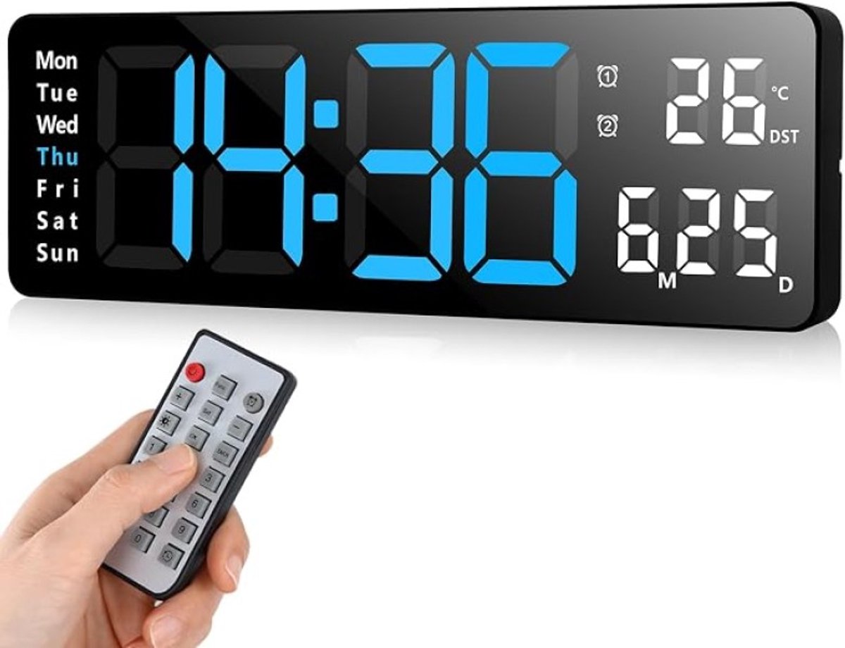 Digitale wandklok met LED-display, 33 cm, afstandsbediening en timer