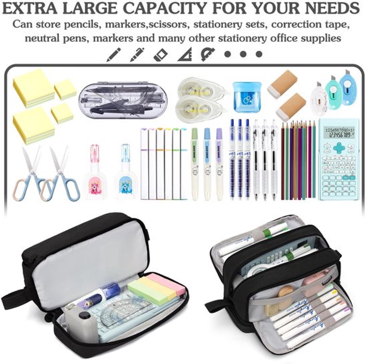 Pennenetui grote capaciteit - Etui met 3 vakken - Opbergruimte voor 40 pennen - Multifunctionele tas - Afmetingen 21 x 11 x 9 cm - Geschikt voor school en kantoor