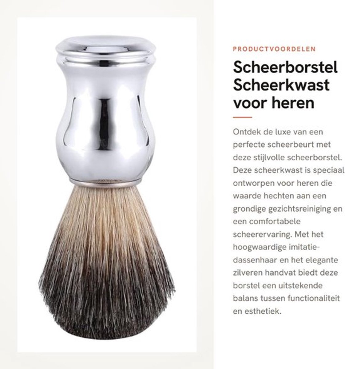 Scheerborstel modieuze scheerkwast - Faux dassenhaar - Zilveren kunststof handvat - 11,1 cm lengte - 5,4 cm haarlengte - 100% gloednieuw