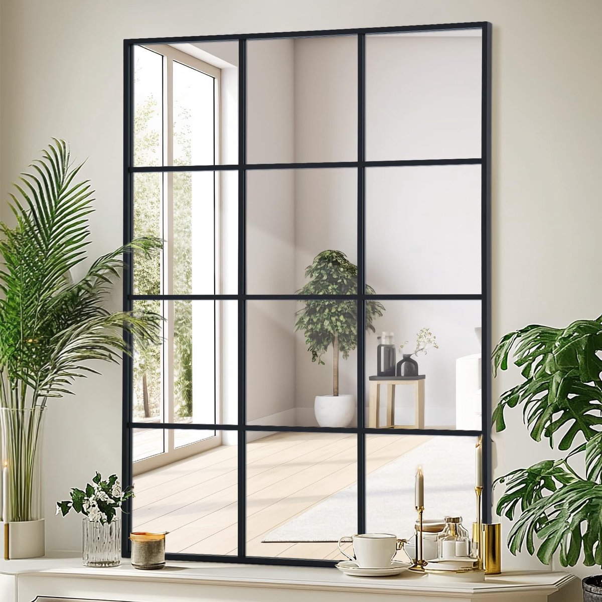 SnelShoppen - LunaMirror Rechthoekige Wandspiegel 75x120 cm Zwart Aluminium Frame - Vensterpaneel Voor Binnen en Buiten - Perfect Voor Woonkamer, Hal,