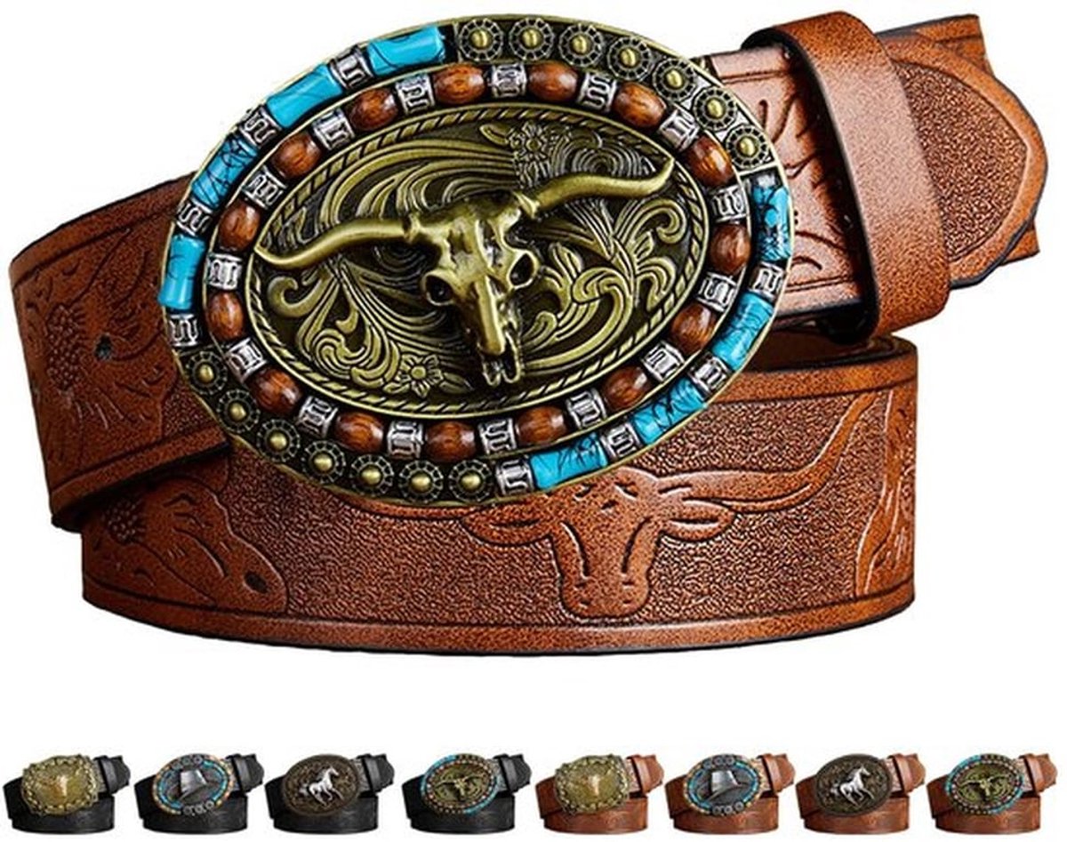 Cowboyriem Authentiek Western-Design - Heren Riem - Versierd met Westernreliëfs - 3,8 cm Breed - Maten 110/120/130 cm - Perfect voor Geschenken - Westernriem