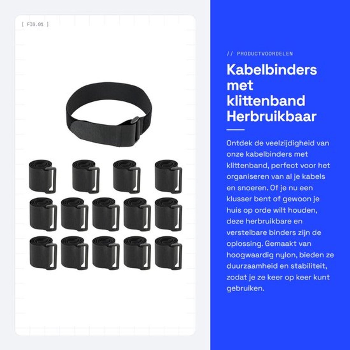 Kabelbinders met klittenband - Herbruikbaar en verstelbaar - 600mm x 50mm - Hoogwaardige nylon kwaliteit - Ideaal voor het ordenen van ka...
