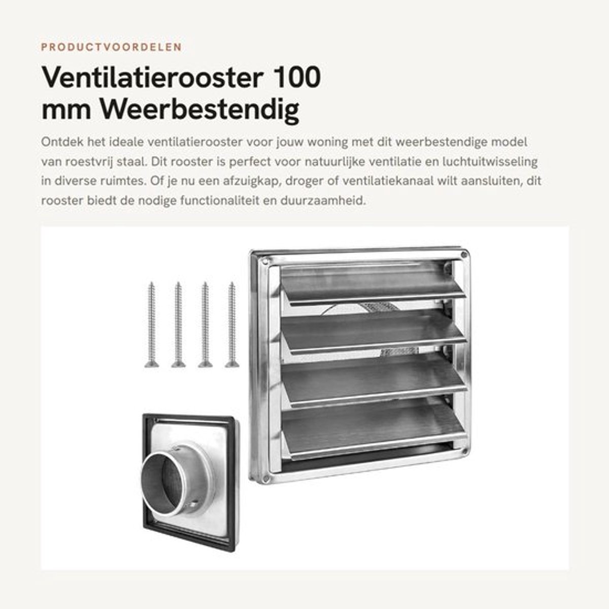 Ventilatierooster 100 mm - Roestvrij Staal - Weerbestendig - Afzuigventiel - Terugslagklep - Rubberen Afdichting - 18 x 18 x 7 cm - Afvoerrooster