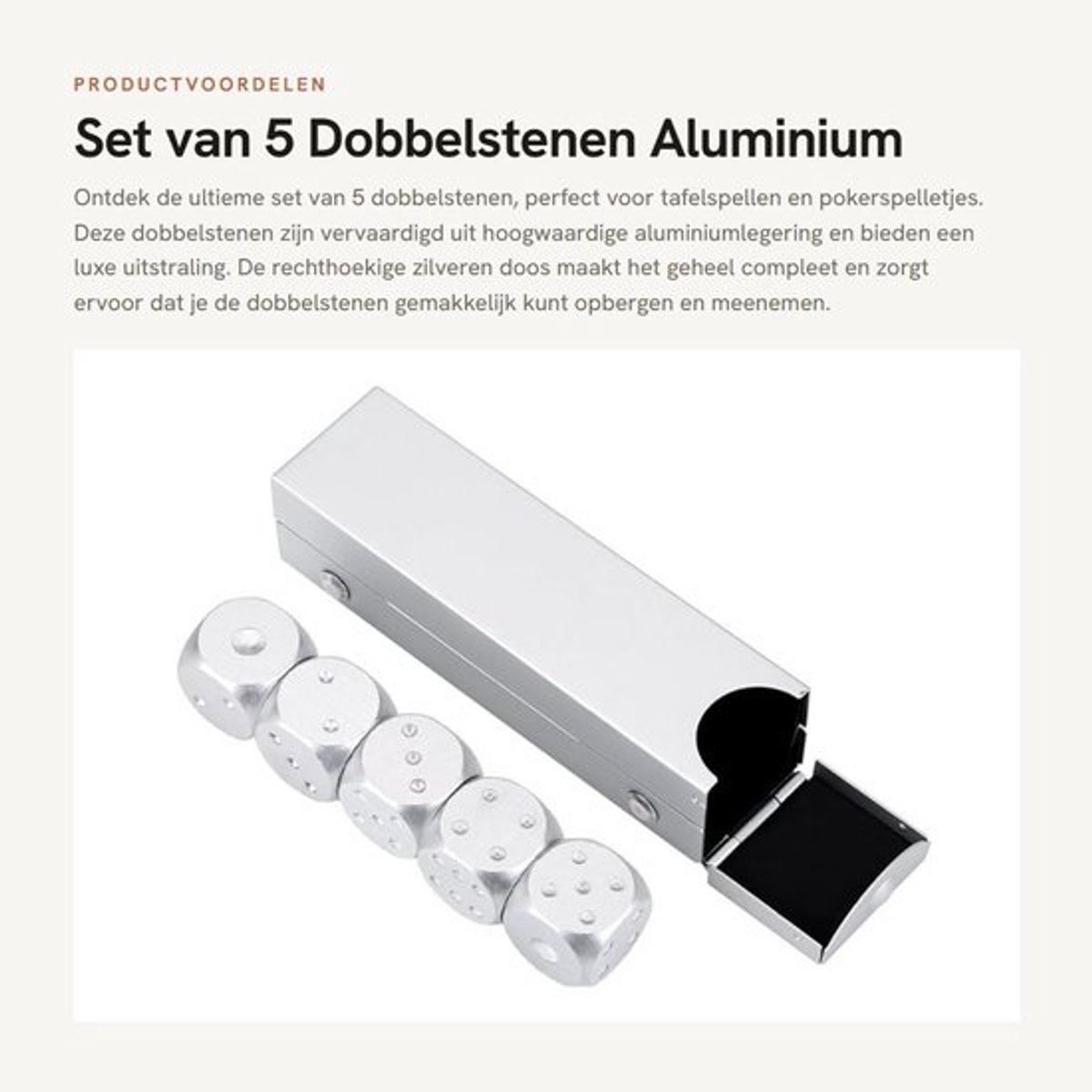 Dobbelstenen Set van 5 - Aluminiumlegering - Tafelspel - Pokerspelletjes - Rechthoekige/Vierkante Doos - Duurzaam - Speelgoed