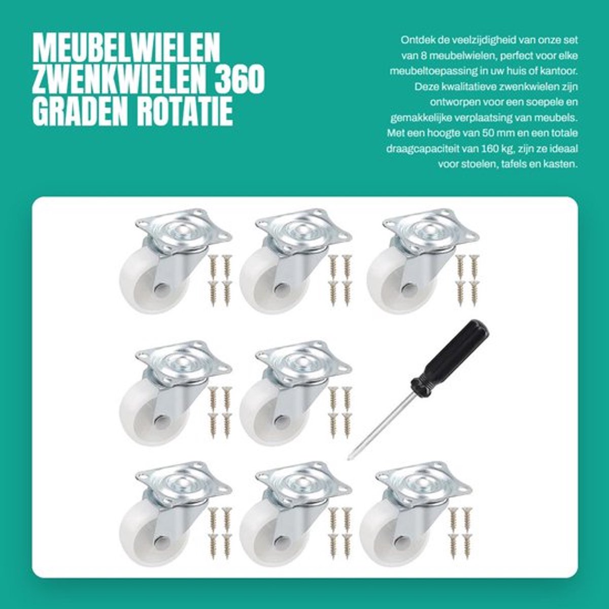 Meubelwielen 360 graden rotatie - Set van 8 - Hoogte 50 mm - Draagvermogen 160 kg - Wit - Schokabsorberend materiaal - Transportwielen