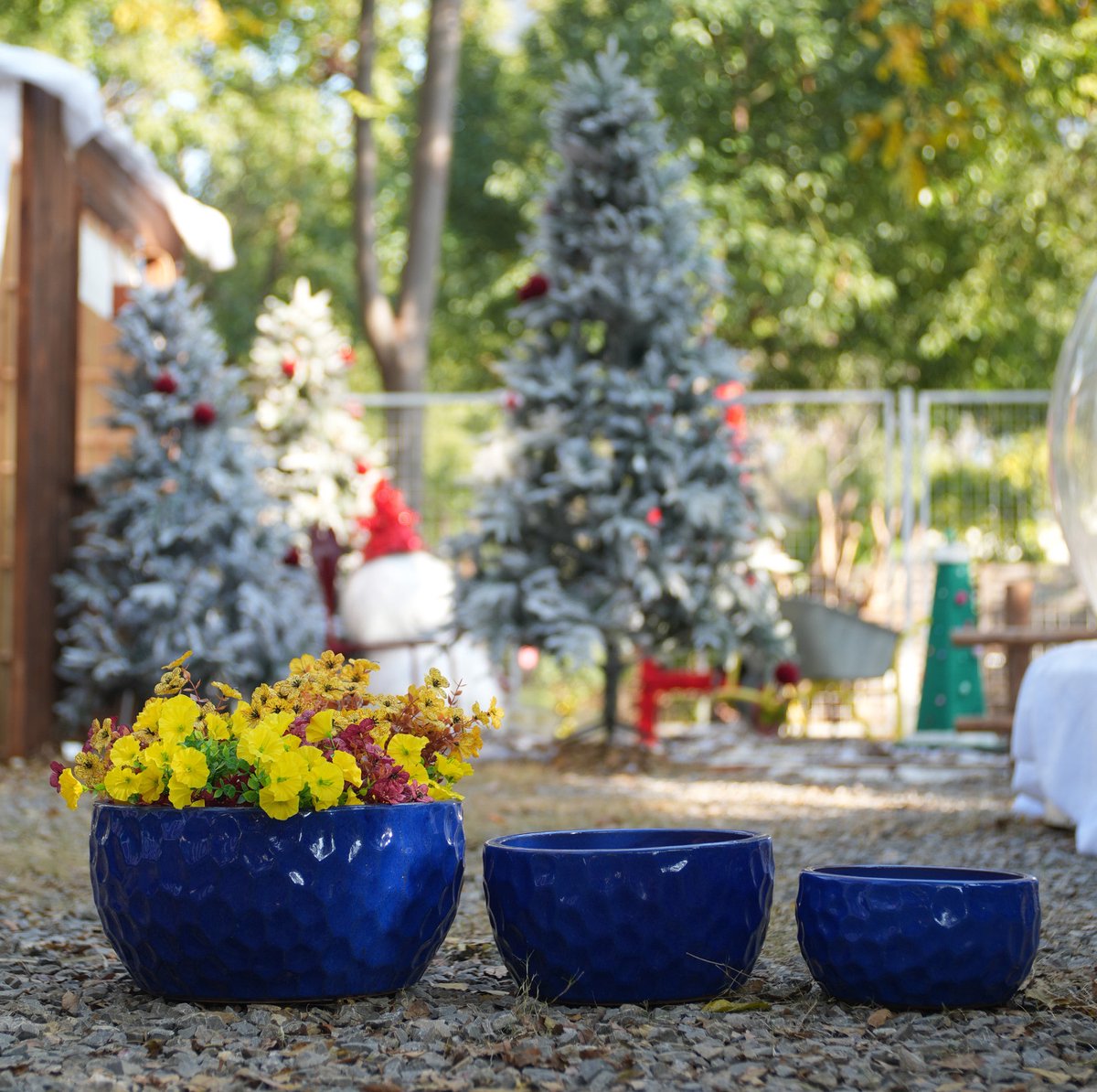 MODENUIT Bloempot – 3-delige Set – Ø 38 cm – Keramiek – Antiekblauw – Voor Binnen & Buiten