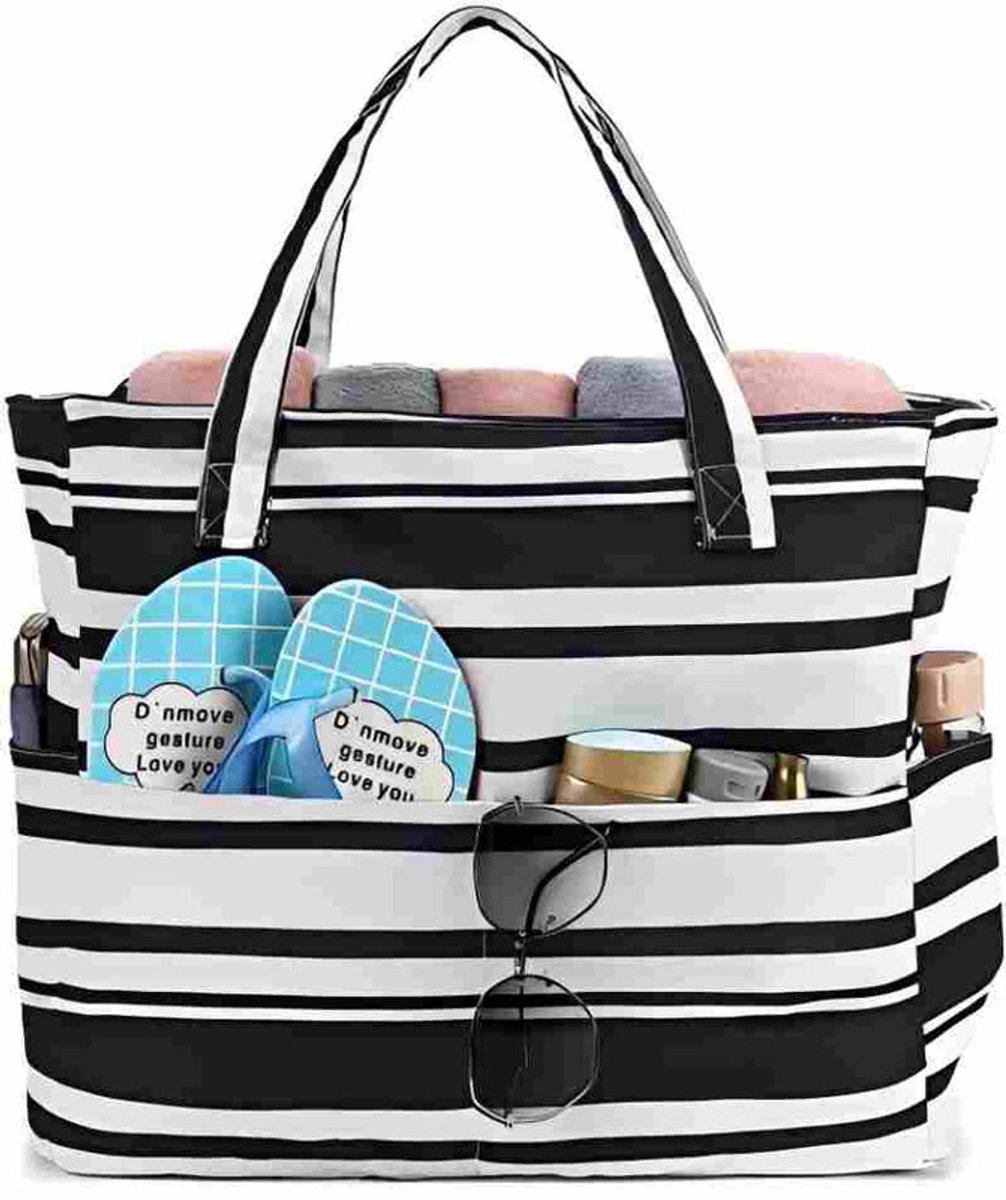 Extra grote strandtas voor dames, extra grote opvouwbare strandtas van mesh met ritssluiting en groot vak, geschikt voor strand, reizen, de sportschool en het zwembad,Onregelmatige zwart-witte strepen