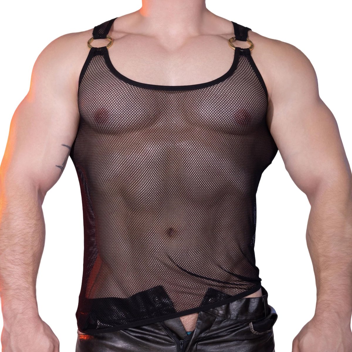 SnelShoppen - DTODWW Heren Mesh Harnas Tanktop - Sexy Transparant Bodyvest met Metalen Ringgespen - Verkrijgbaar in Zwart en Wit - Eén Maat - Ideaal v
