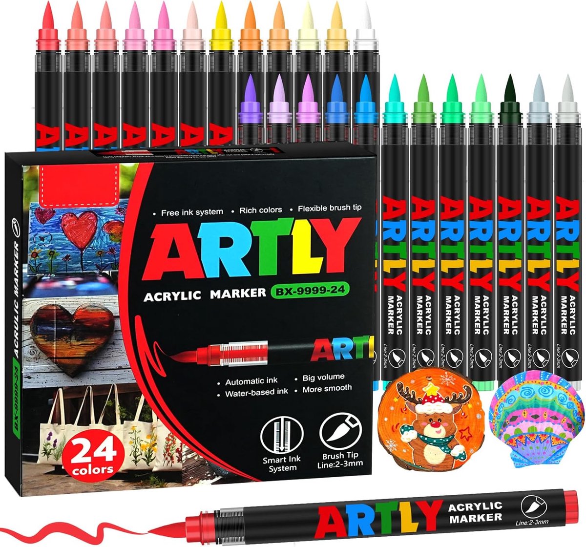 SnelShoppen - Acryl Stiften Set 24 Kleuren - Waterdichte Multimarkers - Brush Pens voor Steen, Keramiek, Hout, Textiel, Canvas - Creatief Schilderen e