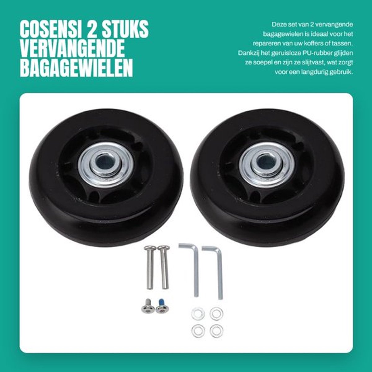 Kofferwielen Vervangset - Geruisloze Rubberen Wielen - Slijtvast - Dubbel Gelagerd - Flexibele Rotatie - 76x24mm - Bagagewielen